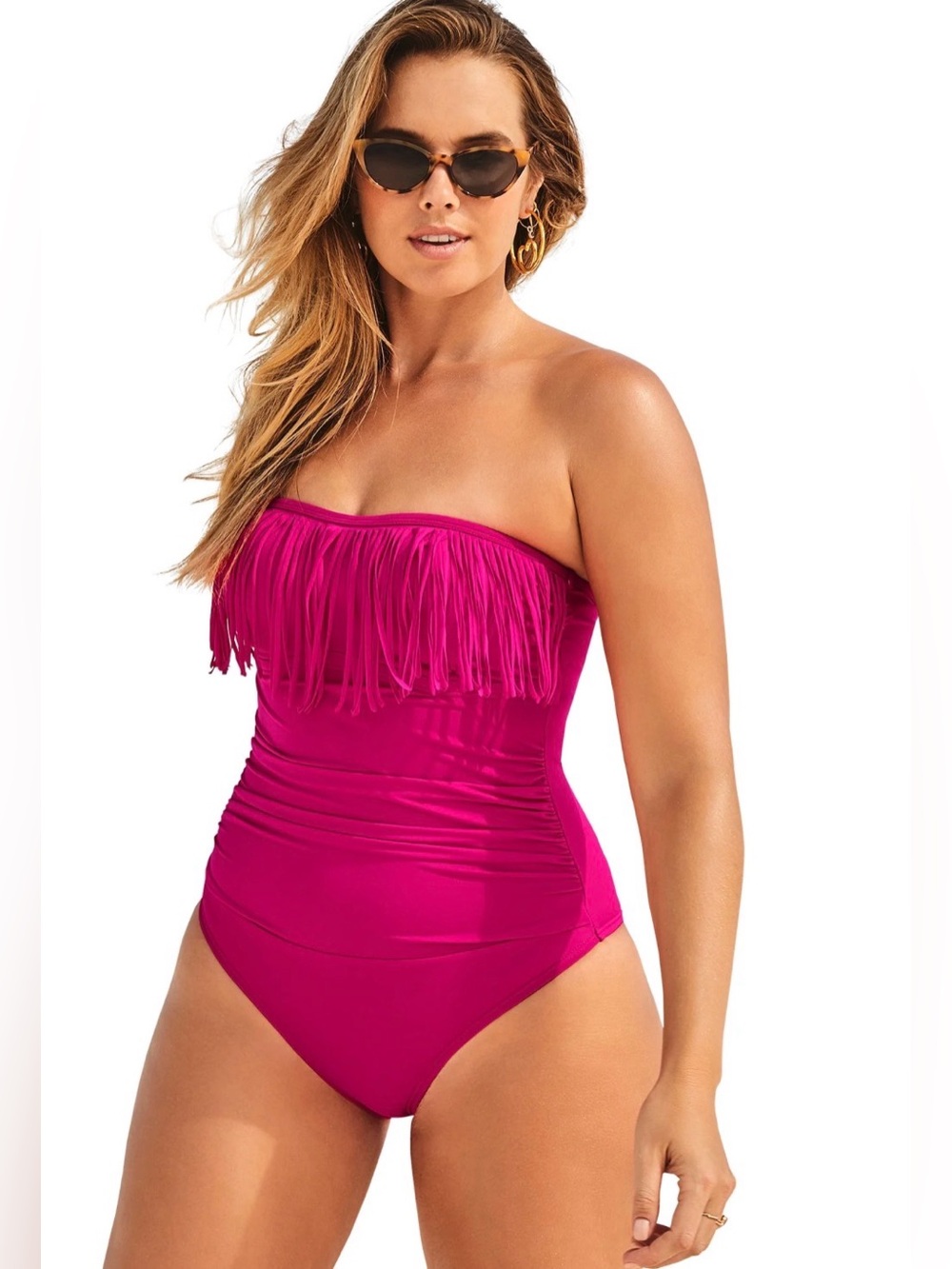 Kim Gravel x Swimsuits For All Fringe Bandeau Swimsuit Women’s 16 Fuscia Ruching